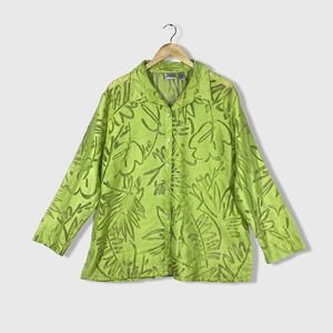 Chicos Floral L/s Button Up Shirt Womens 3 (XL) Green Sheer Boho Vacation Resort
